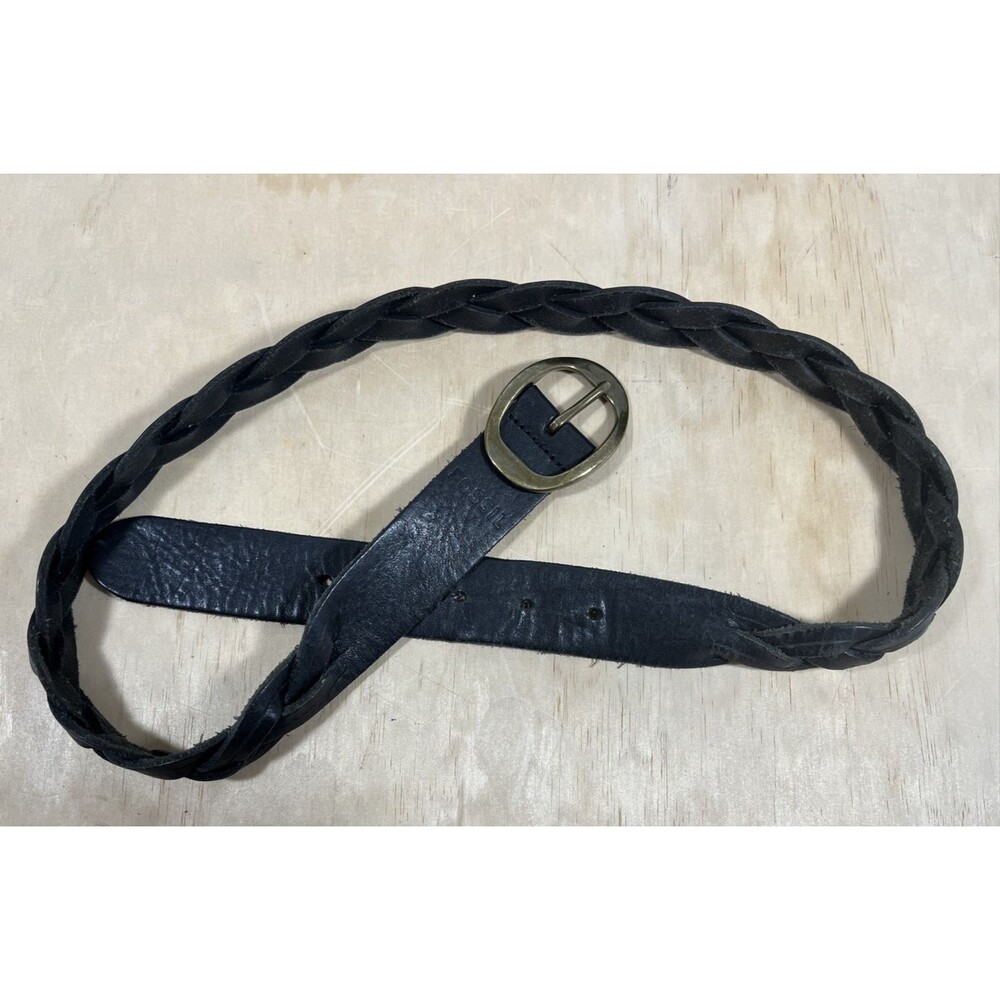 Fossil Genuine Leather Belt Womens Brown Brass Buckle Braided 5 Hole